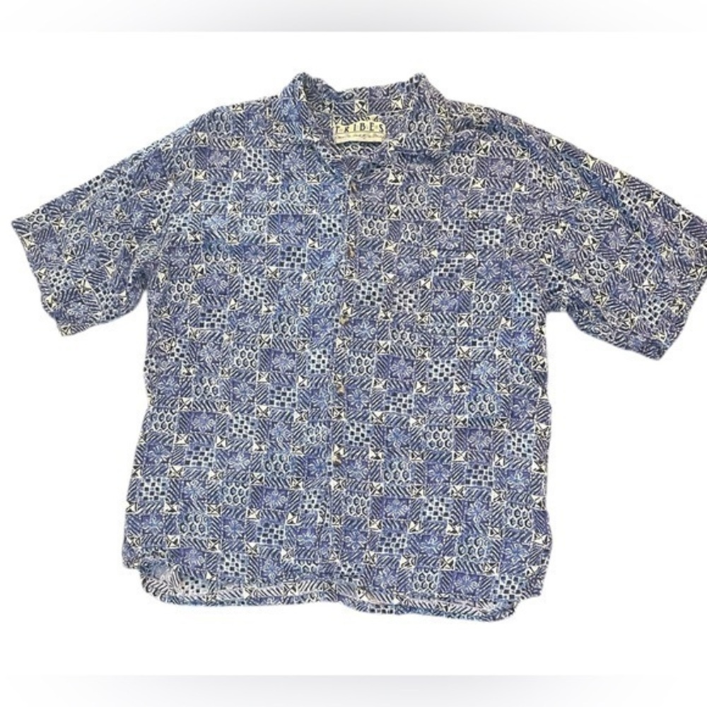 Vtg Vintage Tribes Short Sleeve Button Up Shirt - Mens Size Medium - Blue Native